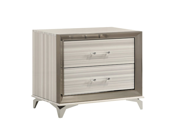 HomeRoots 25" Silver and White Lighted Nightstand with Two Drawers – Modern Luxury for Your Bedroom Decor! 564664