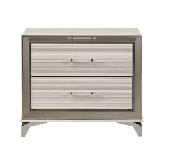 HomeRoots 25" Silver and White Lighted Nightstand with Two Drawers – Modern Luxury for Your Bedroom Decor! 564664