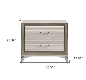HomeRoots 25" Silver and White Lighted Nightstand with Two Drawers – Modern Luxury for Your Bedroom Decor! 564664