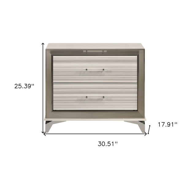 HomeRoots 25" Silver and White Lighted Nightstand with Two Drawers – Modern Luxury for Your Bedroom Decor! 564664
