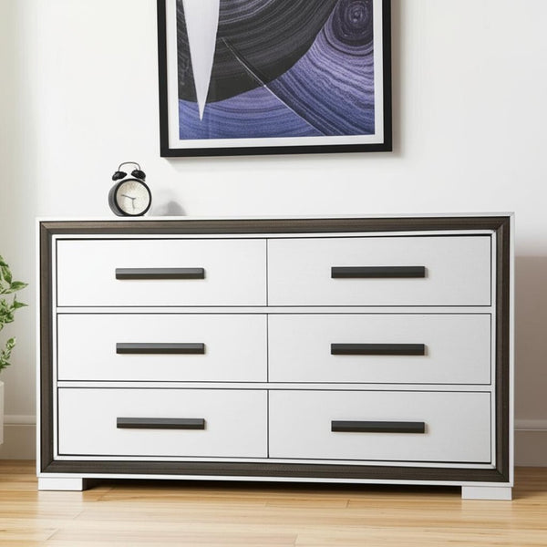 HomeRoots 60" Modern Gray and Black Double Dresser - Stylish Six Drawer Storage for Your Bedroom Essentials 564667