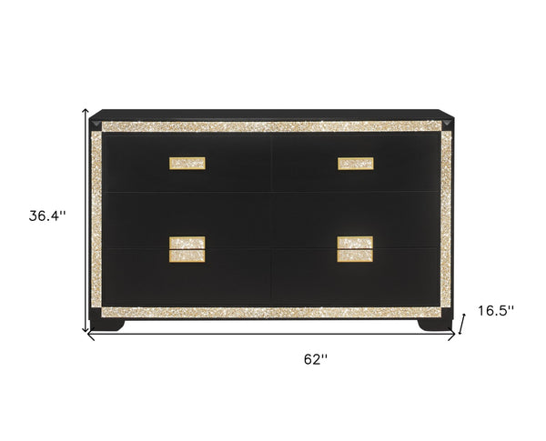HomeRoots 62" Black and Gold Faux Crystal Bling Dresser - Glamorous Six Drawer Storage for Your Bedroom Decor 564668