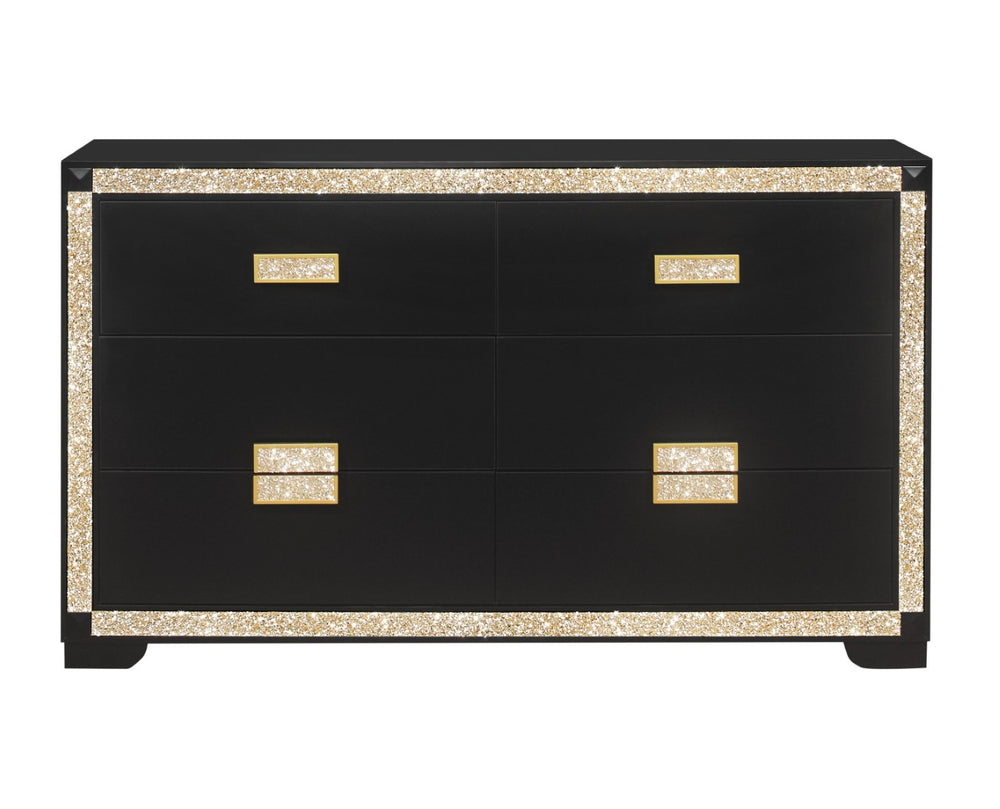 HomeRoots 62" Black and Gold Faux Crystal Bling Dresser - Glamorous Six Drawer Storage for Your Bedroom Decor 564668