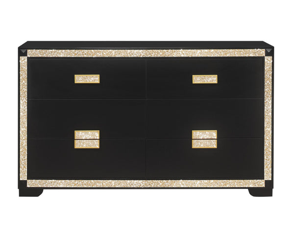 HomeRoots 62" Black and Gold Faux Crystal Bling Dresser - Glamorous Six Drawer Storage for Your Bedroom Decor 564668