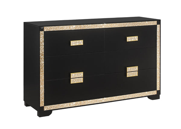 HomeRoots 62" Black and Gold Faux Crystal Bling Dresser - Glamorous Six Drawer Storage for Your Bedroom Decor 564668