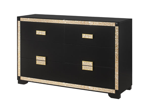 HomeRoots 62" Black and Gold Faux Crystal Bling Dresser - Glamorous Six Drawer Storage for Your Bedroom Decor 564668