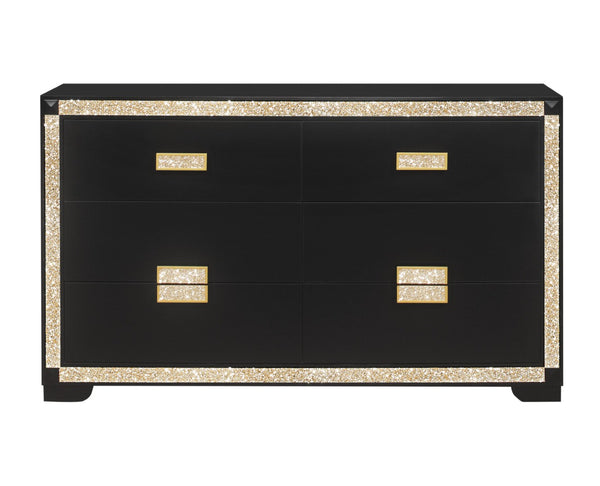 HomeRoots 62" Black and Gold Faux Crystal Bling Dresser - Glamorous Six Drawer Storage for Your Bedroom Decor 564668