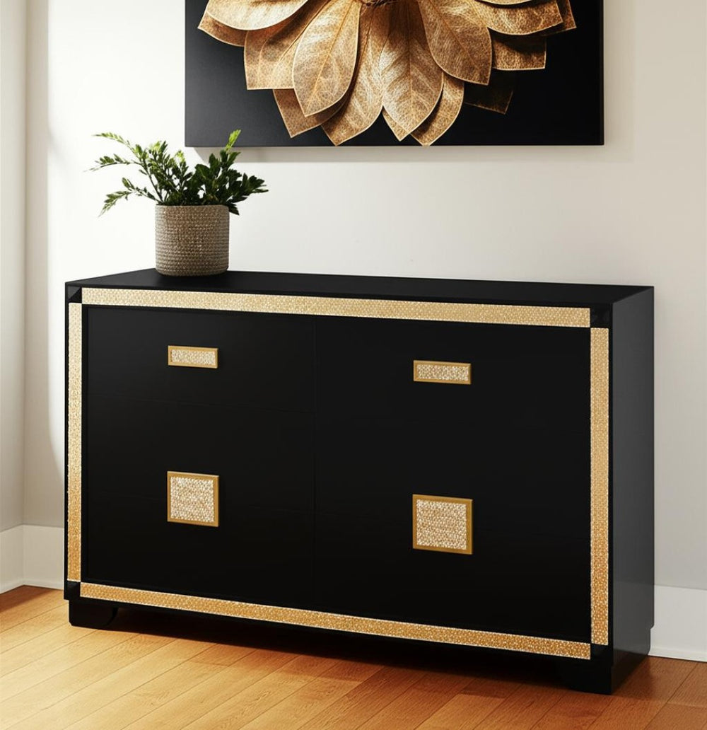 HomeRoots 62" Black and Gold Faux Crystal Bling Dresser - Glamorous Six Drawer Storage for Your Bedroom Decor 564668