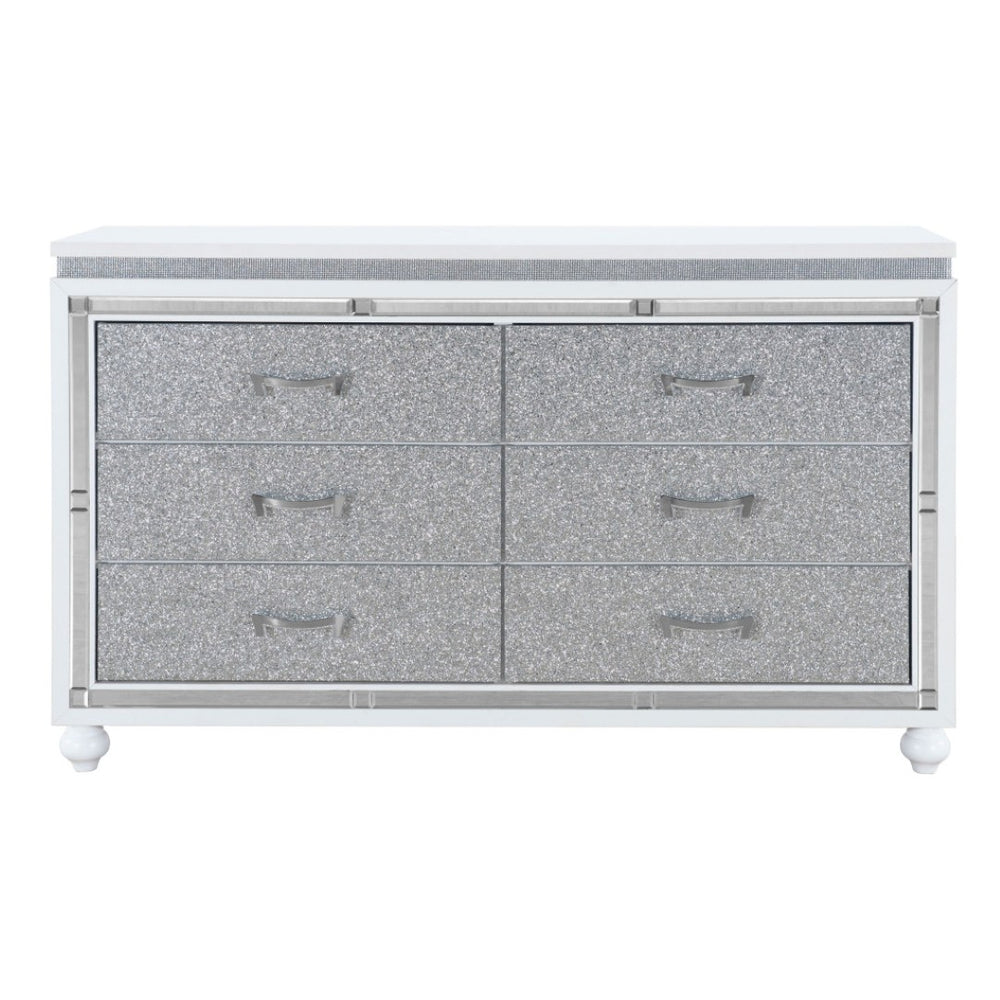 HomeRoots 58" Glam White & Silver Faux Crystal Double Dresser - Stylish Storage Solution for Modern Bedrooms 564671