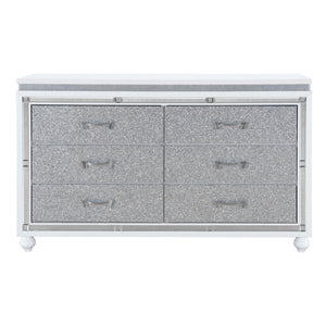 HomeRoots 58" Glam White & Silver Faux Crystal Double Dresser - Stylish Storage Solution for Modern Bedrooms 564671