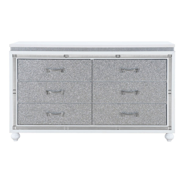 HomeRoots 58" Glam White & Silver Faux Crystal Double Dresser - Stylish Storage Solution for Modern Bedrooms 564671