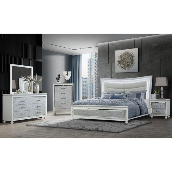 HomeRoots 58" Glam White & Silver Faux Crystal Double Dresser - Stylish Storage Solution for Modern Bedrooms 564671