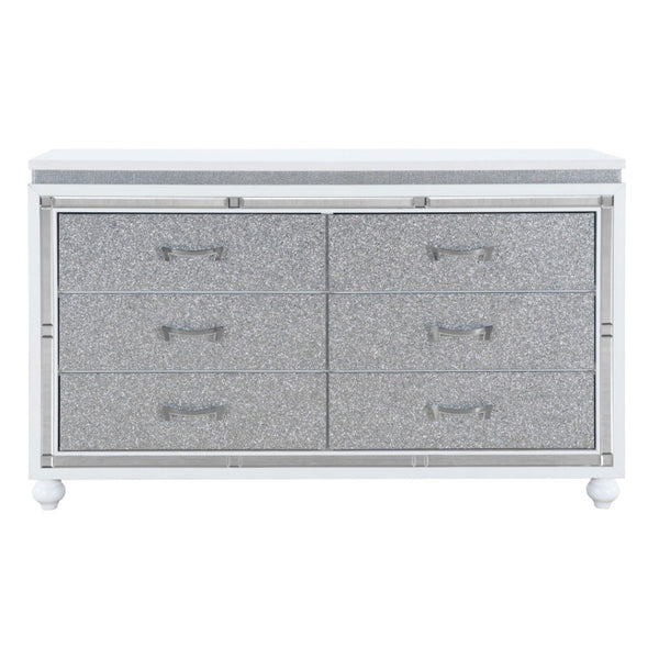 HomeRoots 58" Glam White & Silver Faux Crystal Double Dresser - Stylish Storage Solution for Modern Bedrooms 564671