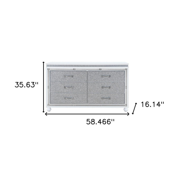 HomeRoots 58" Glam White & Silver Faux Crystal Double Dresser - Stylish Storage Solution for Modern Bedrooms 564671