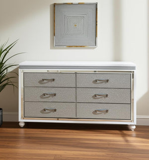 HomeRoots 58" Glam White & Silver Faux Crystal Double Dresser - Stylish Storage Solution for Modern Bedrooms 564671