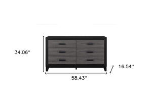 Homeroots 58" Stylish Black And Gray Wood Double Dresser With Six Spacious Drawers For Modern Storage Solutions  Solid And Manufactured Wood 564674