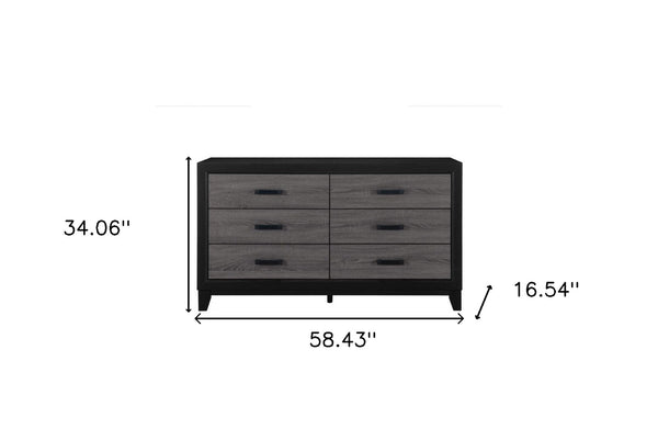 Homeroots 58" Stylish Black And Gray Wood Double Dresser With Six Spacious Drawers For Modern Storage Solutions  Solid And Manufactured Wood 564674