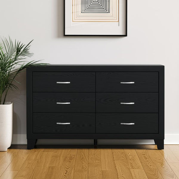 HomeRoots 58" Black Wood Double Dresser - Modern Six Drawer Storage Solution for Stylish Bedroom Organization 564679