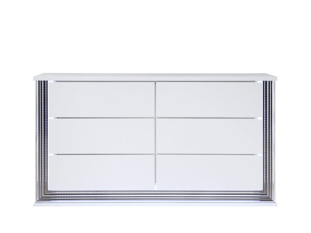 HomeRoots 61" Elegant White Double Dresser with Built-In Lighting & Six Spacious Drawers for Stylish Storage 564683