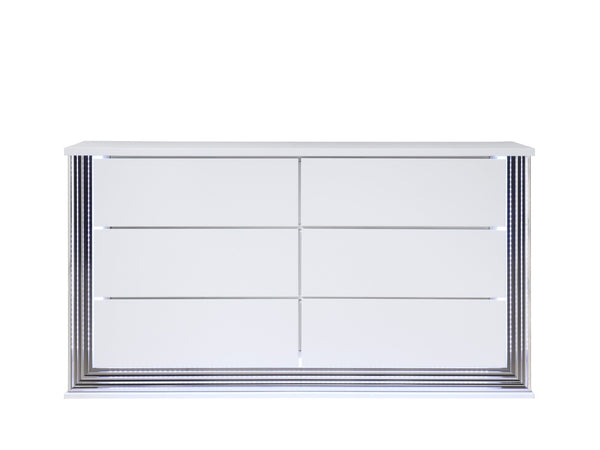HomeRoots 61" Elegant White Double Dresser with Built-In Lighting & Six Spacious Drawers for Stylish Storage 564683
