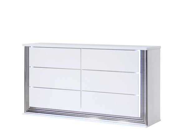 HomeRoots 61" Elegant White Double Dresser with Built-In Lighting & Six Spacious Drawers for Stylish Storage 564683