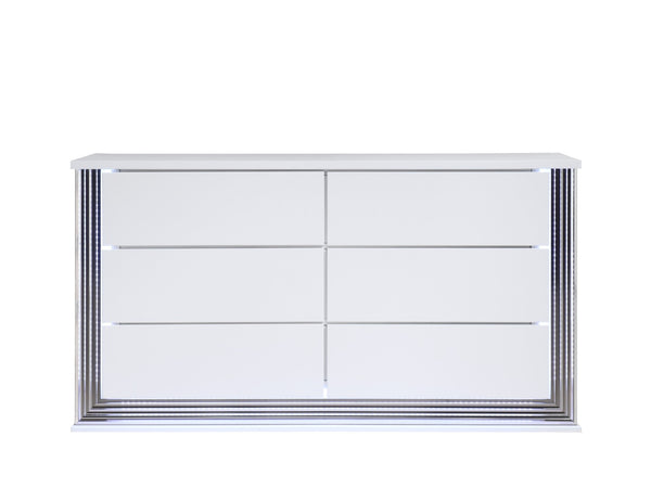 HomeRoots 61" Elegant White Double Dresser with Built-In Lighting & Six Spacious Drawers for Stylish Storage 564683