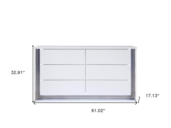 HomeRoots 61" Elegant White Double Dresser with Built-In Lighting & Six Spacious Drawers for Stylish Storage 564683