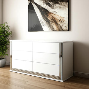 HomeRoots 61" Elegant White Double Dresser with Built-In Lighting & Six Spacious Drawers for Stylish Storage 564683