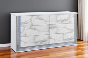 HomeRoots 61" White Faux Marble Lighted Double Dresser - Modern Wood Design with Six Spacious Drawers 564684