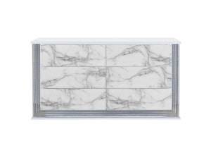 HomeRoots 61" White Faux Marble Lighted Double Dresser - Modern Wood Design with Six Spacious Drawers 564684