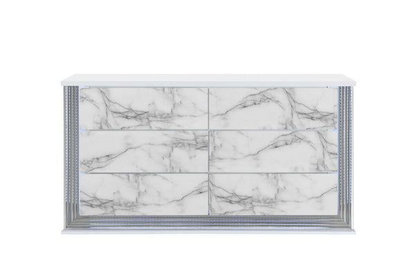 HomeRoots 61" White Faux Marble Lighted Double Dresser - Modern Wood Design with Six Spacious Drawers 564684