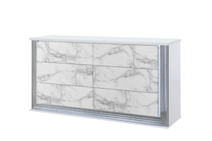 HomeRoots 61" White Faux Marble Lighted Double Dresser - Modern Wood Design with Six Spacious Drawers 564684