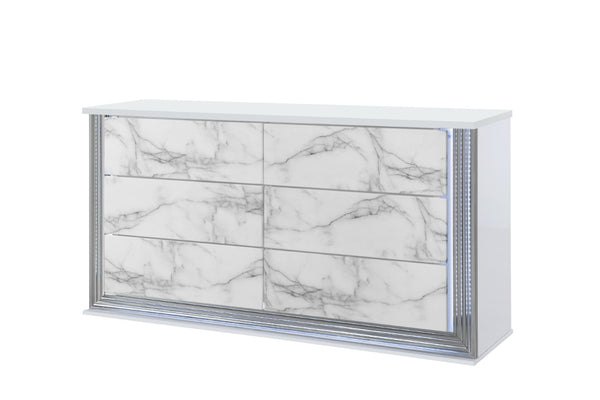 HomeRoots 61" White Faux Marble Lighted Double Dresser - Modern Wood Design with Six Spacious Drawers 564684