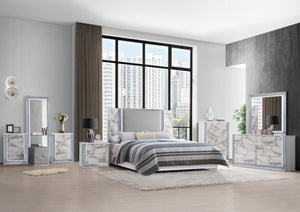 HomeRoots 61" White Faux Marble Lighted Double Dresser - Modern Wood Design with Six Spacious Drawers 564684