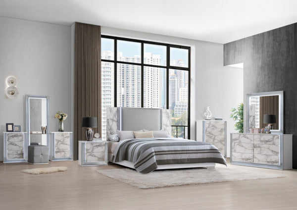 HomeRoots 61" White Faux Marble Lighted Double Dresser - Modern Wood Design with Six Spacious Drawers 564684