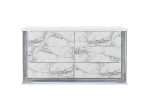 HomeRoots 61" White Faux Marble Lighted Double Dresser - Modern Wood Design with Six Spacious Drawers 564684