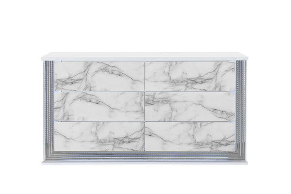 HomeRoots 61" White Faux Marble Lighted Double Dresser - Modern Wood Design with Six Spacious Drawers 564684