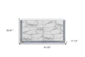 HomeRoots 61" White Faux Marble Lighted Double Dresser - Modern Wood Design with Six Spacious Drawers 564684