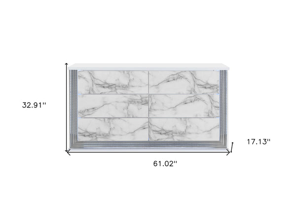 HomeRoots 61" White Faux Marble Lighted Double Dresser - Modern Wood Design with Six Spacious Drawers 564684