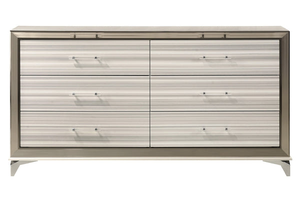 HomeRoots 64" Modern White and Silver Double Dresser with Six Drawers - Stylish Storage for Your Bedroom 564685