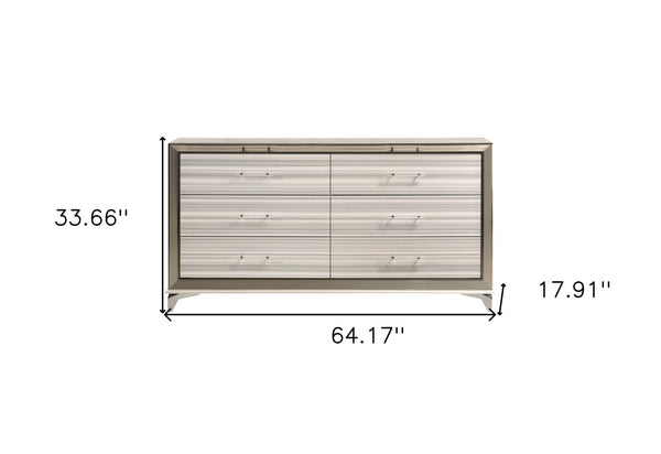 HomeRoots 64" Modern White and Silver Double Dresser with Six Drawers - Stylish Storage for Your Bedroom 564685
