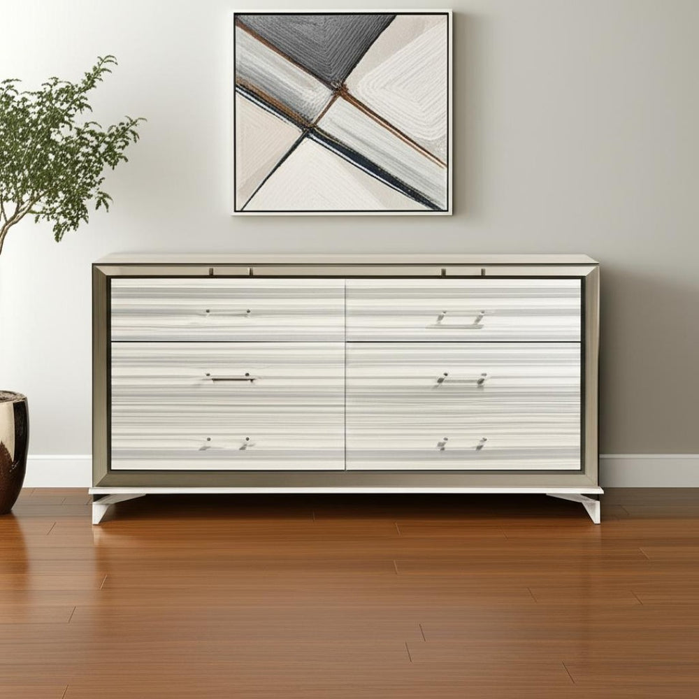 HomeRoots 64" Modern White and Silver Double Dresser with Six Drawers - Stylish Storage for Your Bedroom 564685