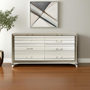HomeRoots 64" Modern White and Silver Double Dresser with Six Drawers - Stylish Storage for Your Bedroom 564685
