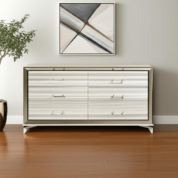 HomeRoots 64" Modern White and Silver Double Dresser with Six Drawers - Stylish Storage for Your Bedroom 564685