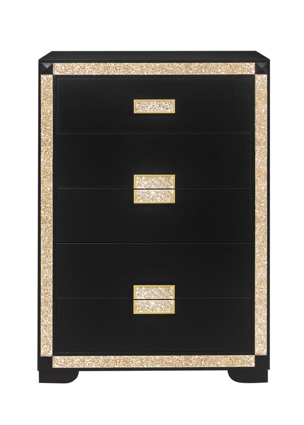 HomeRoots 48" Black and Gold Faux Crystal Bling Dresser - Stylish Six Drawer Storage for Modern Bedrooms 564687