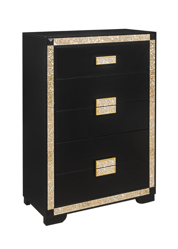 HomeRoots 48" Black and Gold Faux Crystal Bling Dresser - Stylish Six Drawer Storage for Modern Bedrooms 564687