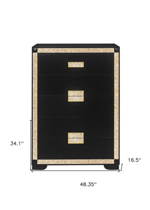 HomeRoots 48" Black and Gold Faux Crystal Bling Dresser - Stylish Six Drawer Storage for Modern Bedrooms 564687