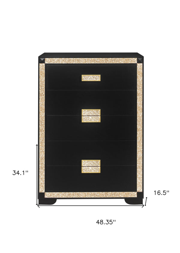 HomeRoots 48" Black and Gold Faux Crystal Bling Dresser - Stylish Six Drawer Storage for Modern Bedrooms 564687