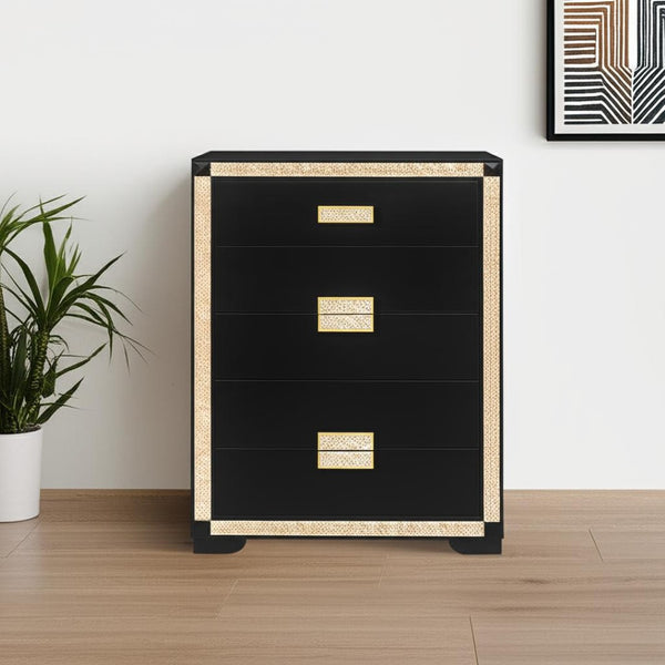 HomeRoots 48" Black and Gold Faux Crystal Bling Dresser - Stylish Six Drawer Storage for Modern Bedrooms 564687