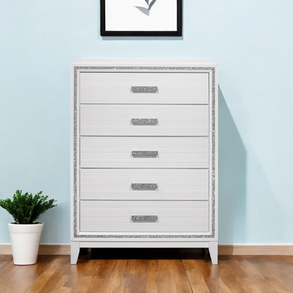 Homeroots 49" Glamorous White And Silver Faux Wood Dresser With Crystal Accents And Led Lighting, 5 Drawers  Solid And Manufactured Wood 564692